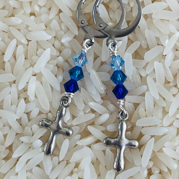 Silver Cross Charm Earrings, Ombre Blue Swarovski Crystals & Lever Back Earwires - Picture 3 of 5